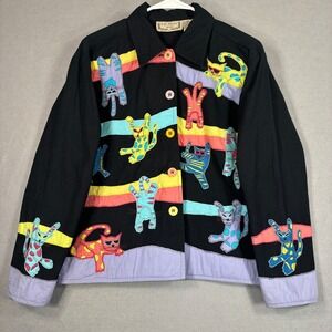 Life Style Jacket Womens PS Whimsical Cat Linen Blend Button Artsy Dopamine